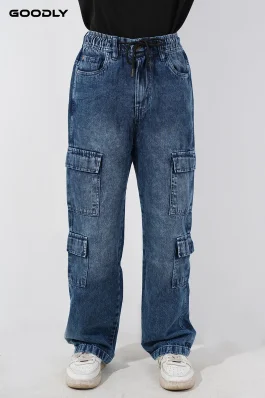 Men’s Relaxed Fit Denim Baggy 8 Pockets Cargo