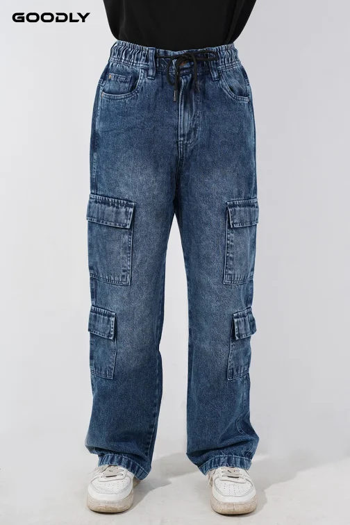 Men’s Relaxed Fit Denim Baggy 8 Pockets Cargo - Image 3