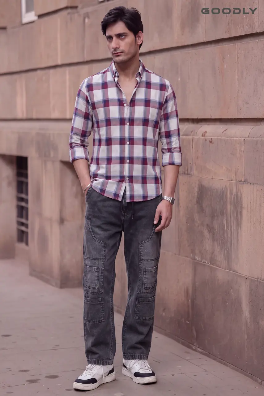 GOODLY Casual Check Shirt & Urban Street Cargo Pant Set - Image 2